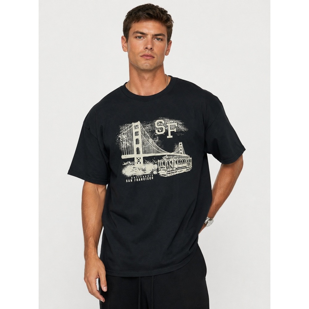 San Francisco Golden Gate Bridge Cable Car Graphic T-Shirt Black 4XL